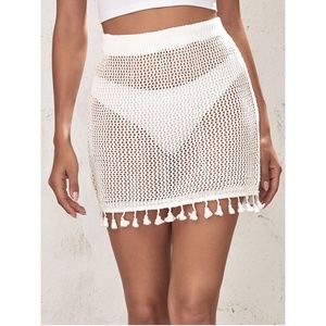 Tassel Detail White Knit Cover Up Mini Skirt